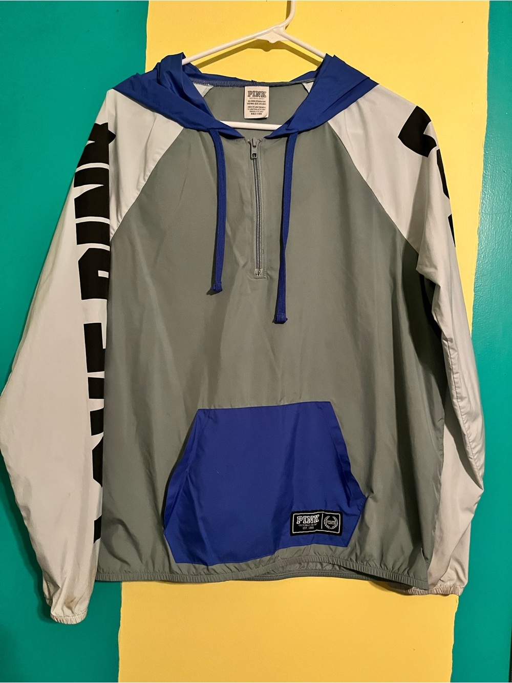 PINK Victoria's Secret Grey and Blue Windbreaker Hoodie